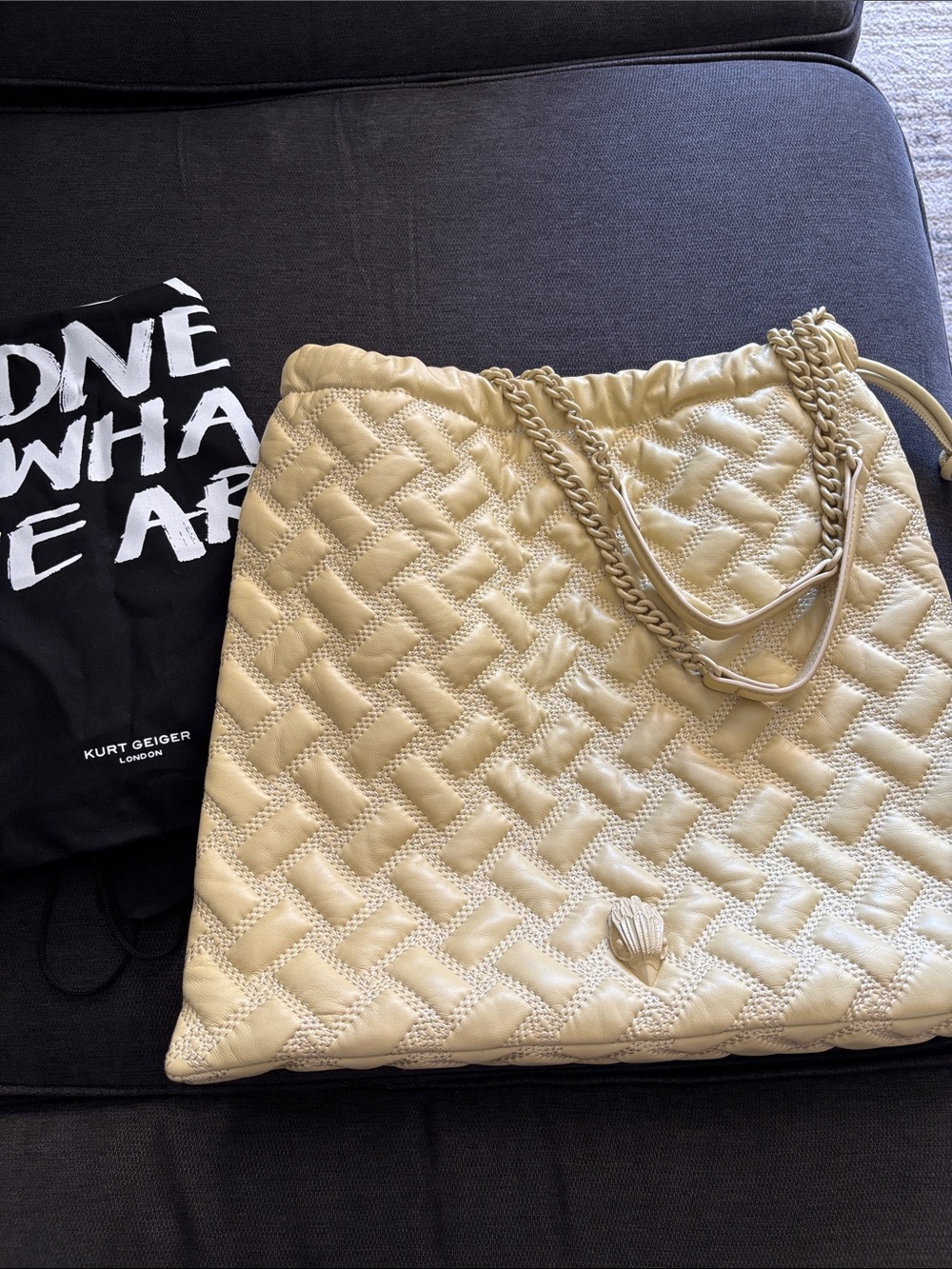 Kurt Geiger Pale Cream Quilted Tote with Braided Chain Straps